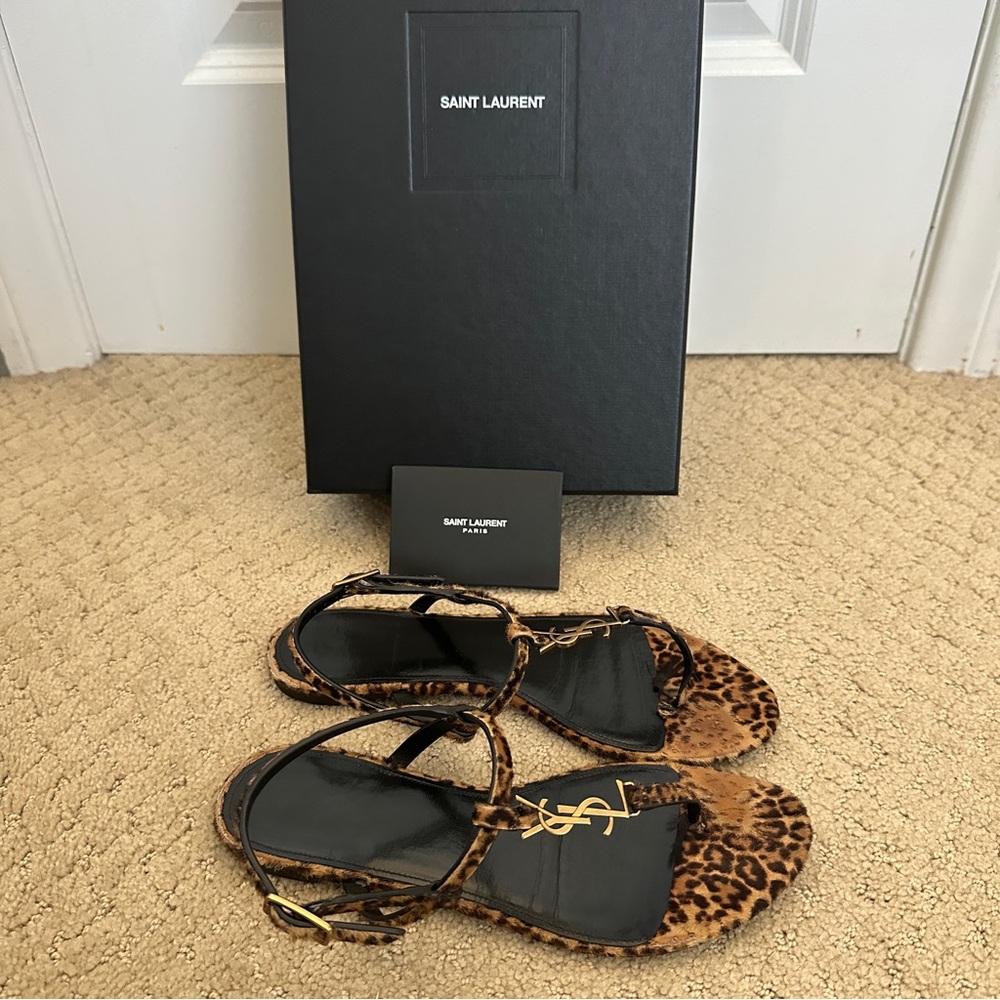YSL Saint Laurent Spot Leopard Print Calf Hair Cassandra Gold Sandals Sz 37.5 - Picture 2 of 6